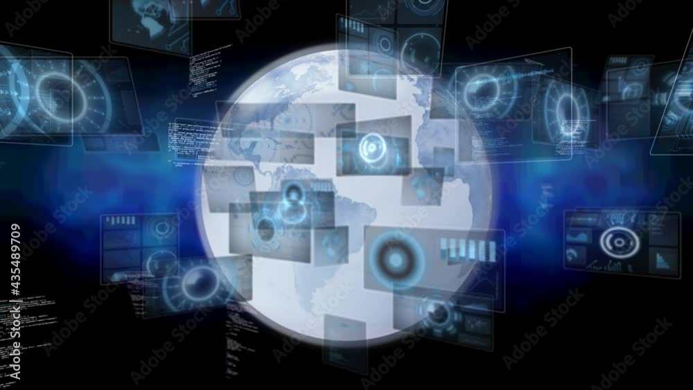 Composition of data processing and scopes scanning on screens over globe and cityscape Composition of data processing and scopes scanning on screens over globe and cityscape