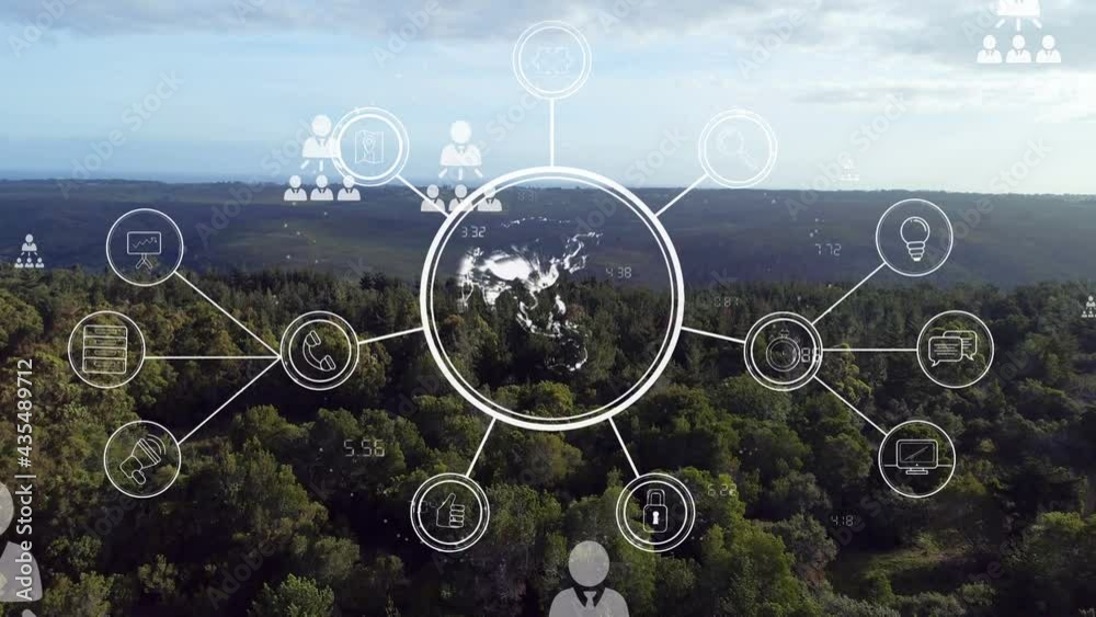 Animation of network of digital icons and globe spinning on landscape