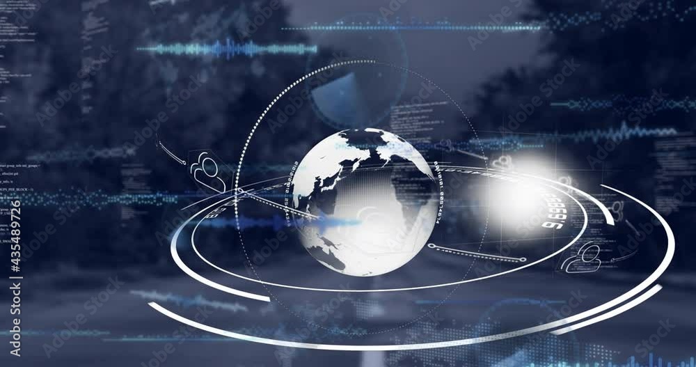 Composition of digital icons and data processing over globe and landscape
