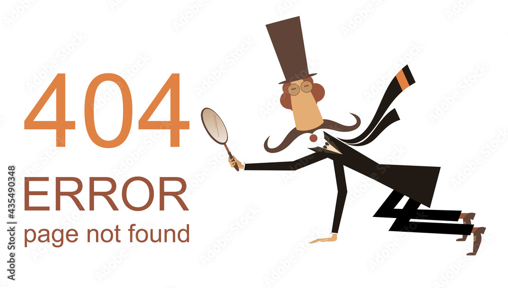 Error 404 page not found concept illustration, webpage banner. 
Long mustache man in the top hat holding a loupe trying to find a lost page isolated on white template for web site
