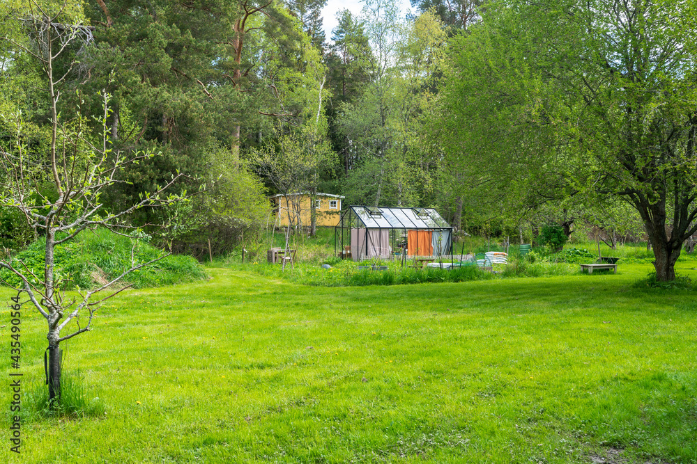 Trimmed green lawn. Greenhouse glass house in the garden near the villa. Landscape garden design. Greenhouse for growing plant seedlings. Trimmed green lawn. Greenhouse glass house in the garden near the villa. Landscape garden design. Greenhouse for growing plant seedlings.