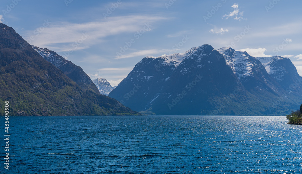 Fjords over Lake Oldevatnet near Olden, a village and urban area in the municipality of Stryn in Vestland county, Norway.