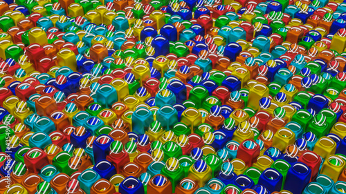 abstract background from rows of three-dimensional spheres and stylized jugs for them. 3d render illustration