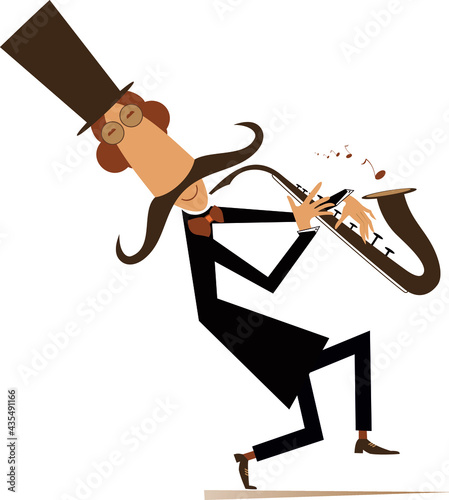 Cartoon long mustache saxophonist illustration isolated. Smiling mustache man in the top hat is playing music on saxophone with inspiration isolated on white