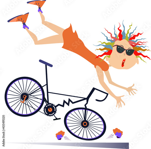 Cyclist woman falling down from the bicycle illustration. Cyclist woman falling down from the broken bicycle isolated on white illustration