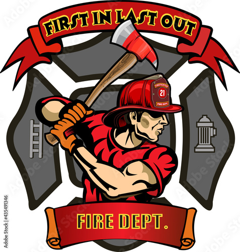 Fire Department Cross includes fireman in helmet with firefighter's axes