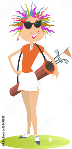 Young woman a golfer on the golf course illustration. Cartoon golfer woman in sunglasses with a golf bag on the shoulder isolated on white