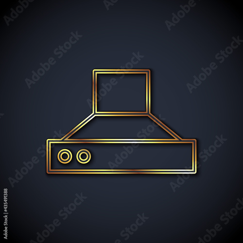 Gold line Kitchen extractor fan icon isolated on black background. Cooker hood. Kitchen exhaust. Household appliance. Vector