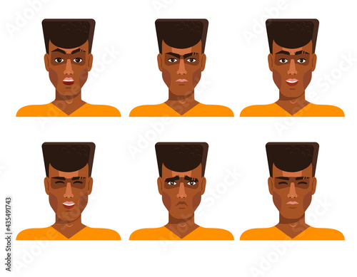 Set of young male icon with emotions in cartoon style. Man avatar profile with facial expression. African characters portraits in bright colors. Isolated vector illustration.