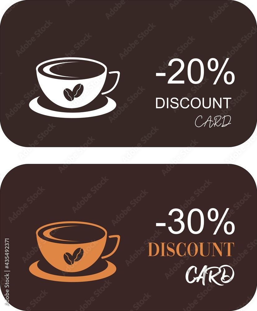 Cup of coffee. Set of coffee discount loyalty cards,coupon,voucher for coffee shop or cafe with coffee cup. Deep brown background. Cup of coffee. Set of coffee discount loyalty cards,coupon,voucher for coffee shop or cafe with coffee cup. Deep brown background.