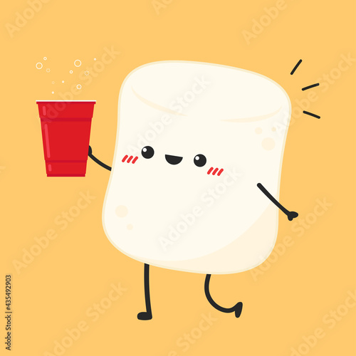 Marshmallow character. wallpaper. free space for text. Red beer cup.