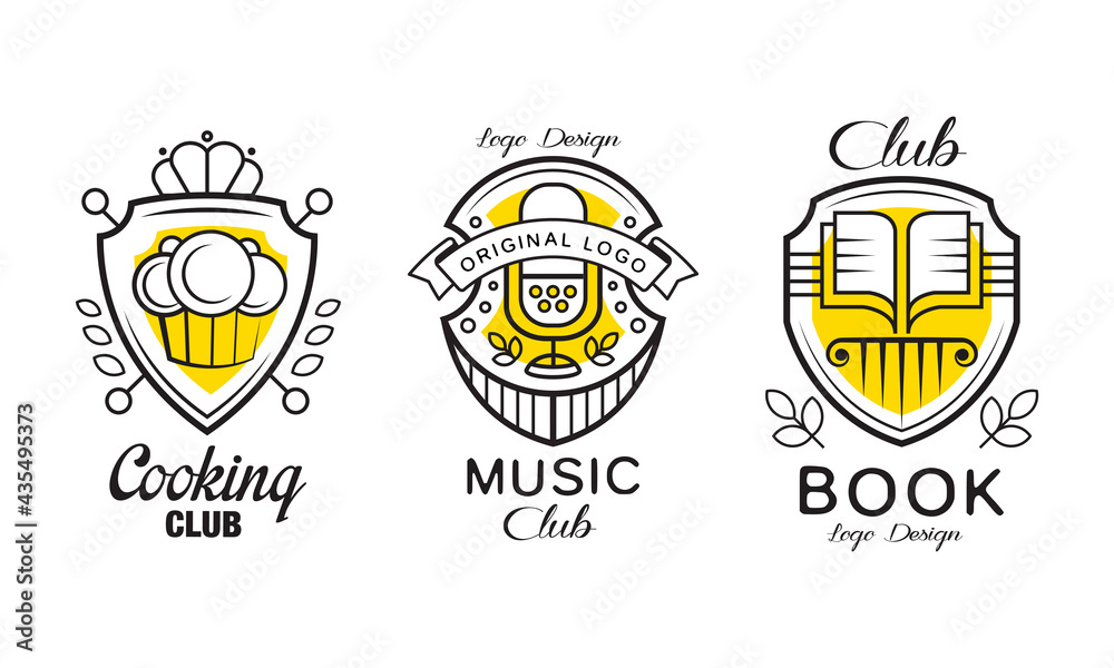 Shield Logo Design Set, Cooking, Music, Book Company Identity Badges, Labels Vector Illustration Shield Logo Design Set, Cooking, Music, Book Company Identity Badges, Labels Vector Illustration