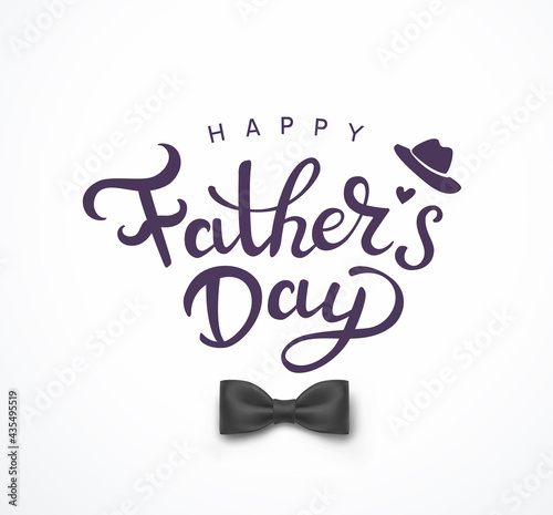 Father's day postcard with black tie bow and lettering on white background. Vector text for greeting card design