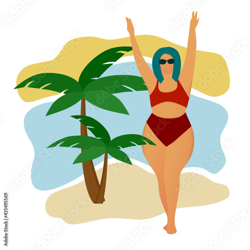 A happy plump girl in a red bathing suit by a palm tree. The body is positive. Love your body. Girls on the beach. Acceptance of your body.