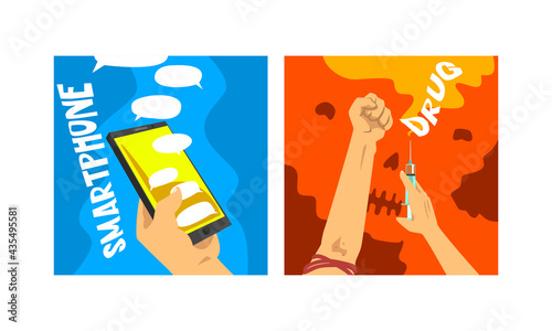 Bad Habits and Addiction Set, Smartphone and Drug Addictions Cartoon Vector Illustration