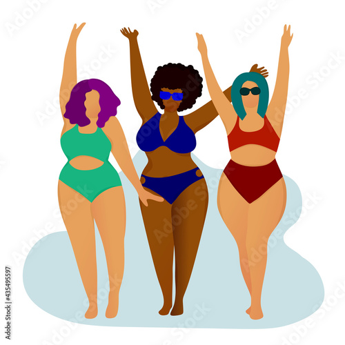 Happy chubby girls in swimsuits. Body positive. Love your body. Girls on the beach. Acceptance of your body.