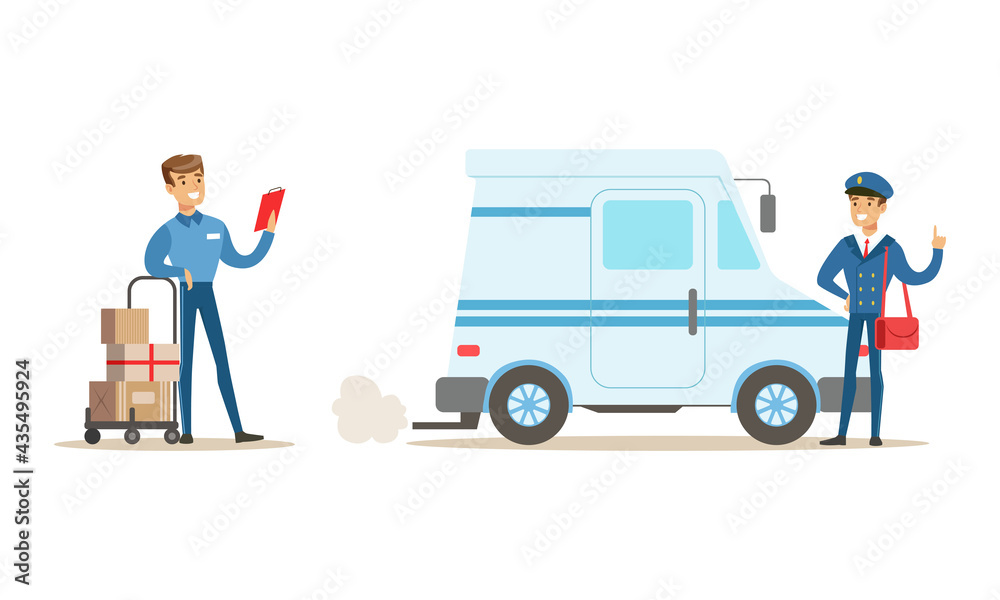 Male Courier Characters Set, Delivery Men in Uniform Delivering Parcels Cartoon Vector Illustration Male Courier Characters Set, Delivery Men in Uniform Delivering Parcels Cartoon Vector Illustration