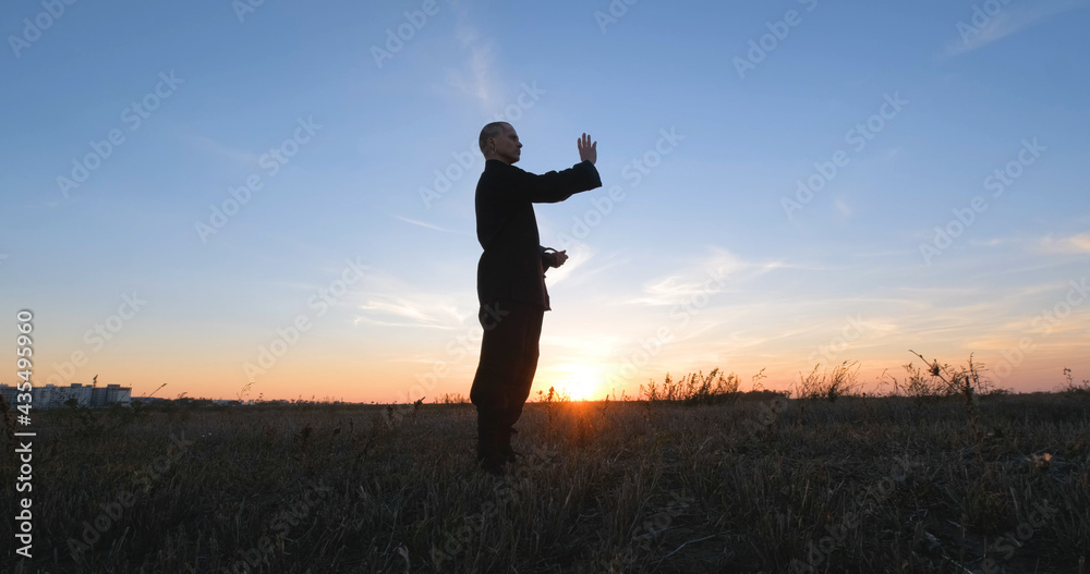 Silhouette of young male kung fu fighter practising alone in the fields during sunset	