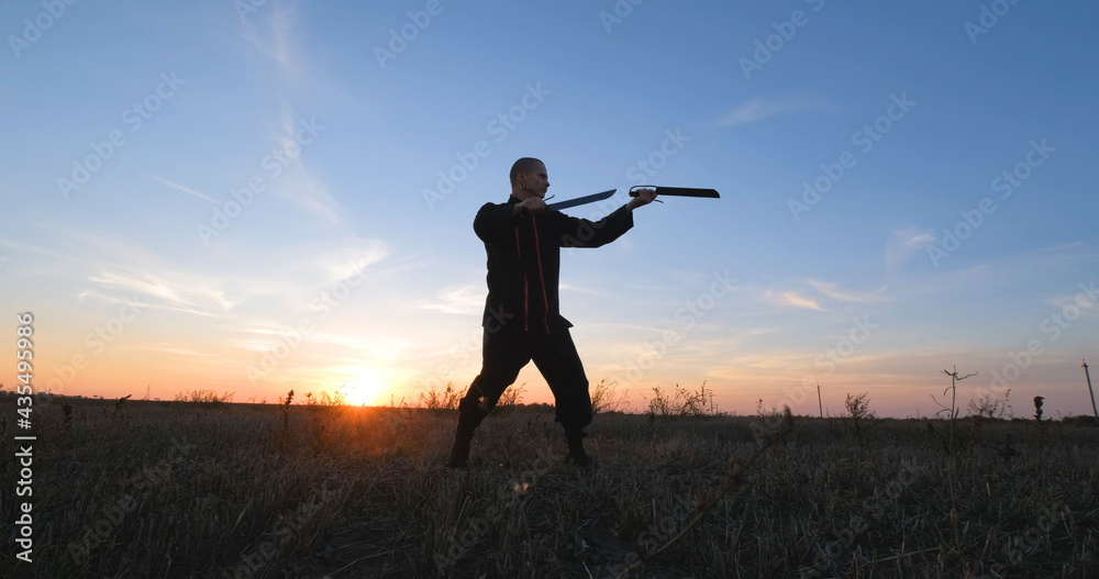 Silhouette of young male kung fu fighter practising alone in the fields during sunset Silhouette of young male kung fu fighter practising alone in the fields during sunset