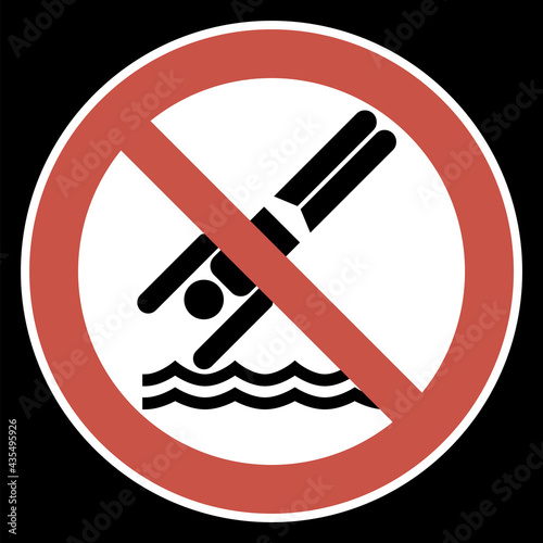 No diving.Sign.
Illustrative graphic poster, round, black, red colors, flat.