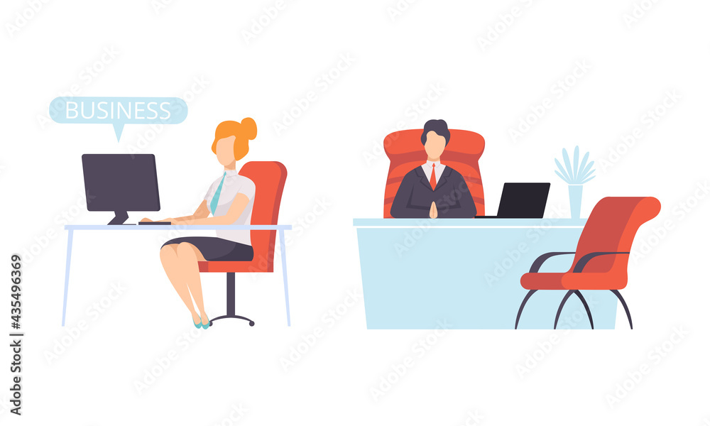 Business People Working in Office Set, Office Workers Working on Computers Flat Vector Illustration Business People Working in Office Set, Office Workers Working on Computers Flat Vector Illustration