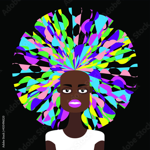 Vector graphics - a beautiful dark-skinned female supermodel with a multicolored African hairstyle of a round shape on a black background close-up. Concept-diverse beauty