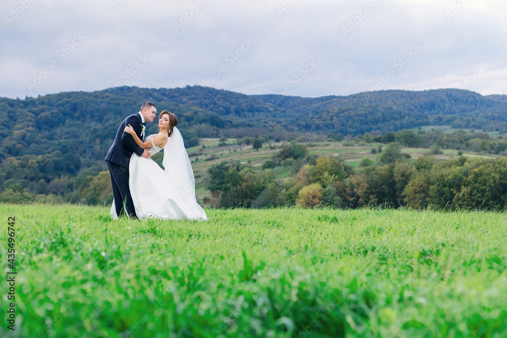 happy bride and groom walking in the field on a sunny day. newly