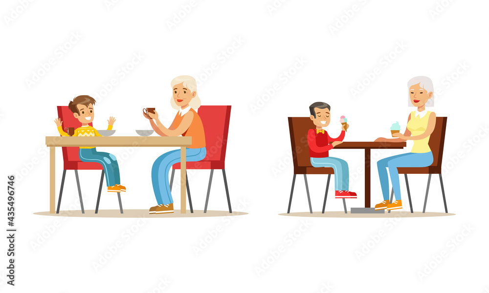 Grandparents and Grandchildren Set, Grandma and Grandson Drinking Tea and Talking to Each Other Cartoon Vector Illustration