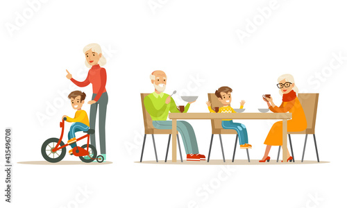 Grandparents and Grandchildren Set, Grandpa and Grandma Walking and Eating with their Grandkids Cartoon Vector Illustration