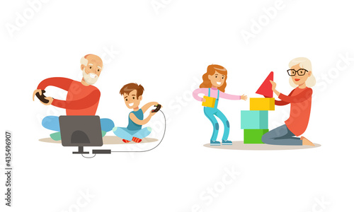 Grandparents Having Good Time with Grandchildren Get, Their are Playing Video Games and Toy Blocks Cartoon Vector Illustration