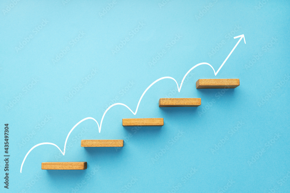 Rising arrow on staircase on blue background. Growth, increasing business, success process concept - obrazy, fototapety, plakaty 