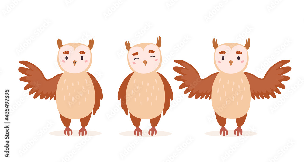 A cute cartoon owl with open wings and folded wings. Illustration for children's room decor, baby kids poster , postcard, invitation, clothing, birthday party. Vector illustration in a flat style.