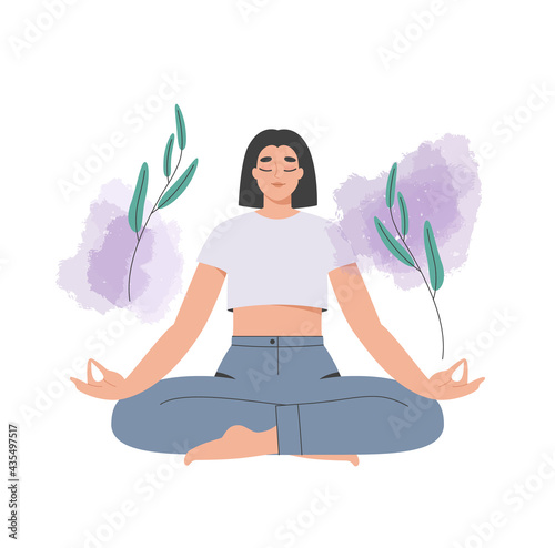 Meditating woman. Beautiful young girl practicing meditation, doing yoga, sitting in lotus pose. Relaxation, tranquility, balance concept. Isolated flat vector illustration on white background