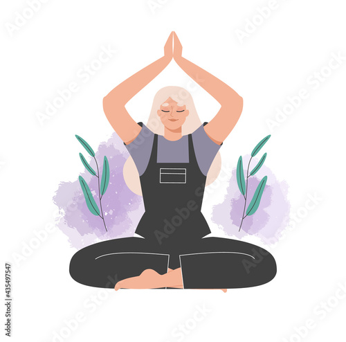 Meditating woman. Beautiful young girl practicing meditation, doing yoga, sitting in lotus pose. Relaxation, tranquility, balance concept. Isolated flat vector illustration on white background