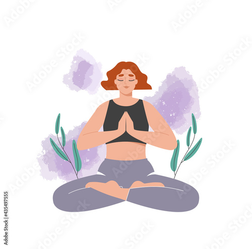 Meditating woman. Beautiful young girl practicing meditation, doing yoga, sitting in lotus pose. Relaxation, tranquility, balance concept. Isolated flat vector illustration on white background