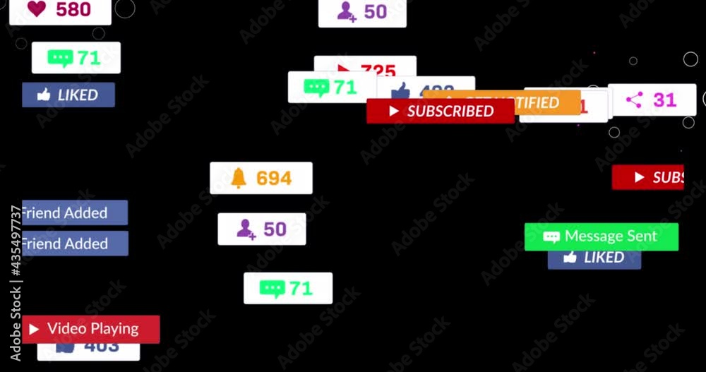 Animation of social media text on banners with digital icons over black background Animation of social media text on banners with digital icons over black background