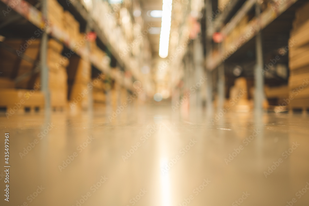 Blurry background of warehouse interior inventory product stock for logistic background, global business for good import and export, stock storage industrial delivery, factory cargo container store