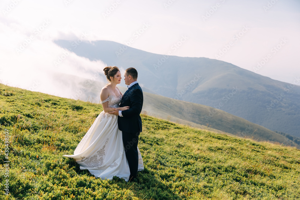 The sincere smiles of the newlyweds embrace the top of the mount