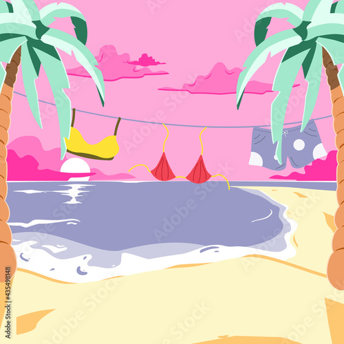 Women's swimsuits are drying on the clothesline near the tropical sea shore. Colorful swimsuits hanging on the rope with pink sunset on background. Summer Travel and Summer Vacation Horizontal Postcar