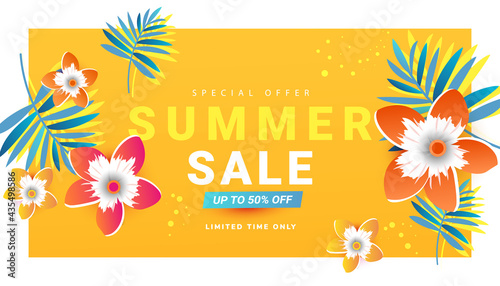 Wallpaper Mural Hot summer sale banner template with tropical leaves and flowers decor on bright background with copy space. Vector illustration Torontodigital.ca