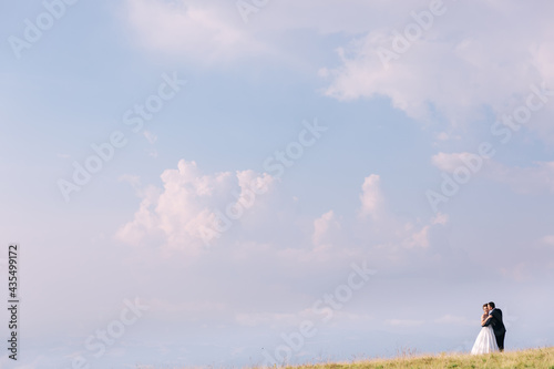 Stylish happy newlywed couple walking in the field after the ceremony on the background of the sky with clouds.