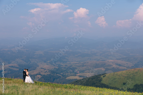 A young couple of newlyweds  the bride and groom are walking  hugging  against the backdrop of beautiful mountains and blue sky.