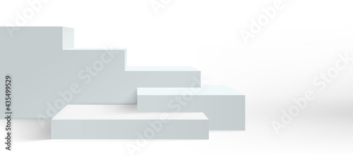Podium background, vector platform pedestal and product display, white 3d. Stage podium or studio display stand stairs of empty block boxes. Front view stairs stage