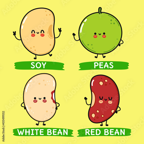 Funny cute happy legumes characters bundle set. Vector kawaii line cartoon style illustration. Cute legumes mascot character collection
