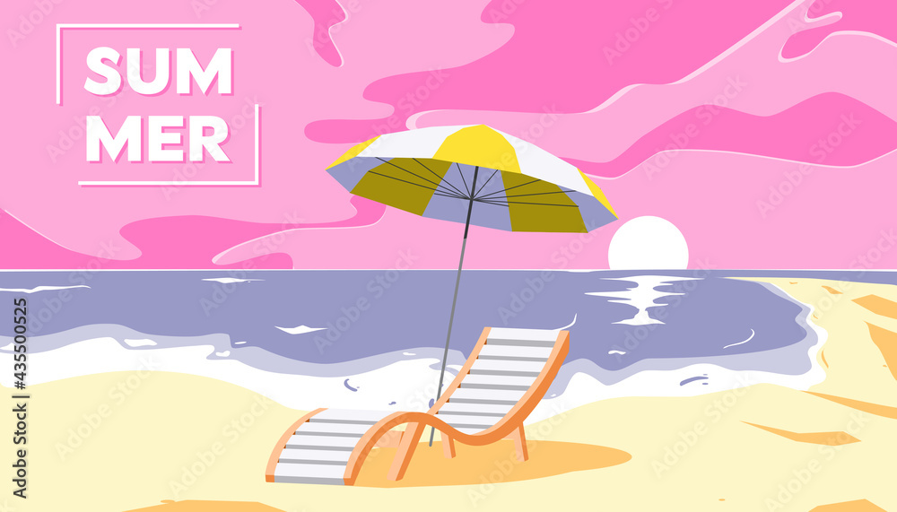 Deck chair on tropical beach near the sea shore. Summer Travel and Summer Vacation Postcard. Pink sunset on the sandy beach landscape vector illustration.