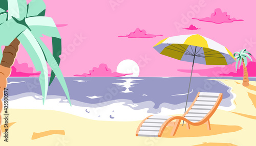 Chair and Palm on tropical beach near the sea shore. Summer Travel and Summer Vacation Postcard. Pink sunset on the sandy beach landscape vector illustration.