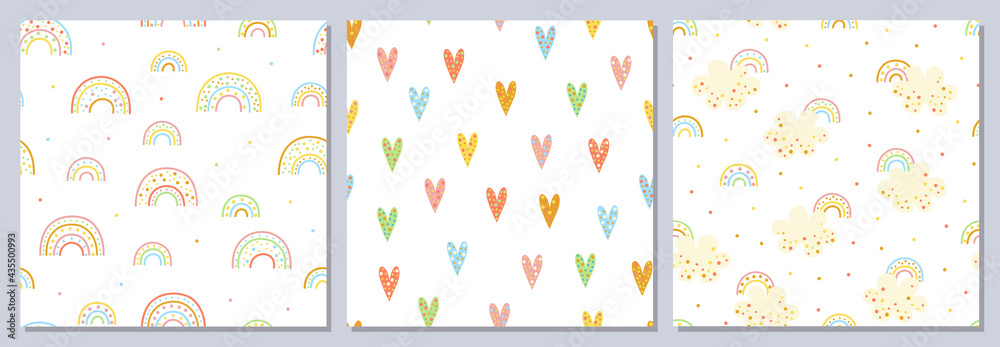 Set of seamless cute patterns. Fun colored cartoon rainbows, hearts, clouds. Sweet dream.