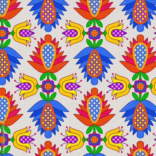 Floral ornament in folk style. Stylized flowers in rhombuses. Seamless patterns.