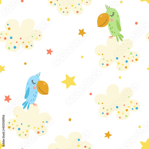 Seamless pattern with cartoon parrots  clouds and stars.