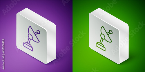 Isometric line Radar icon isolated on purple and green background. Search system. Satellite sign. Silver square button. Vector